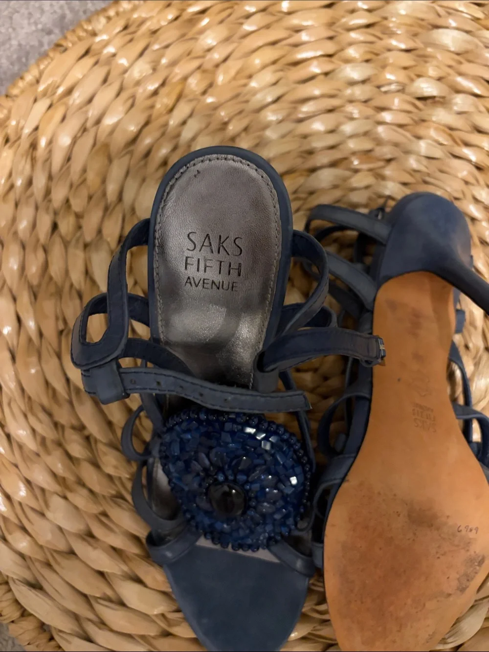 Saks Fifth Avenue Navy Beaded Strappy Heels